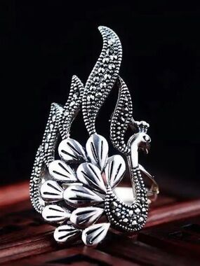 Silver Peacock Statement Ring - Elegant Women's Jewelry